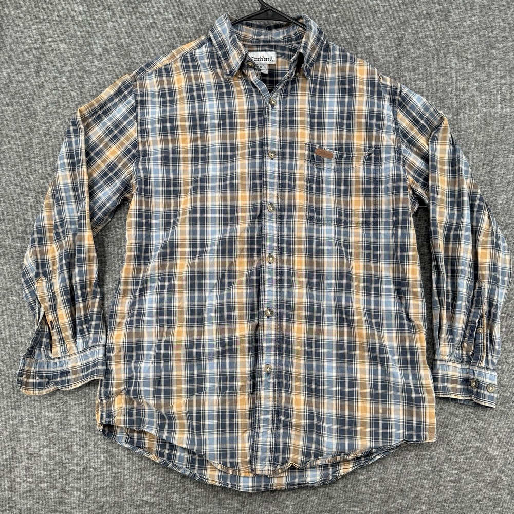 Carhartt Mens Plaid Button Up Shirt Size Medium Navy Tan Long Sleeve Cotton Work